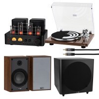 Dayton Audio Premium Vinyl Listening Bundle with 10" Subwoofer: Classic B65 Bookshelf Speakers, HTA100 Amplifier, Wooden Turntable